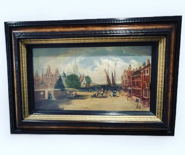 Antique Dutch Canal Scene Oil Painting, Signed F Knot In Frame