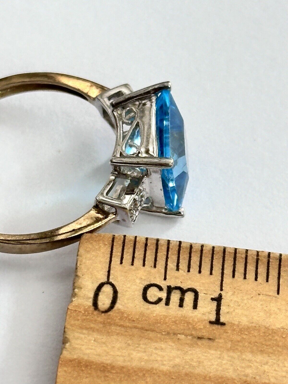 Vintage 9ct Gold Princess Cut Teal Blue Topaz Diamond Ring