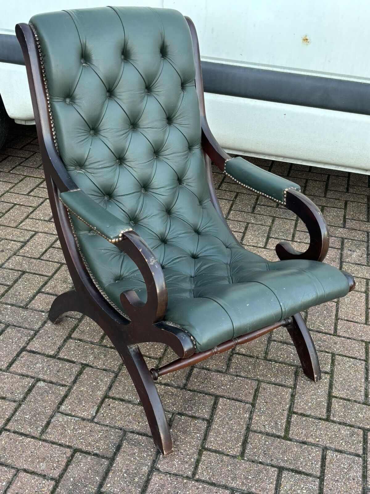 Green Leather Buttoned Back Armchair. Slipper Chair/ Reading Chair