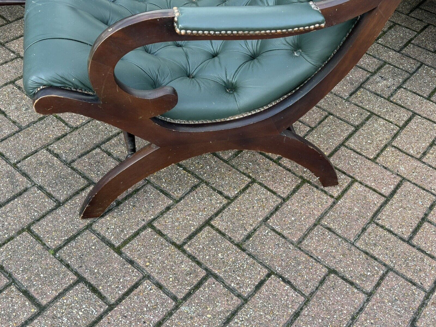 Pair Of Green Leather Buttoned Back Armchairs. Slipper Chairs/ Reading Chairs