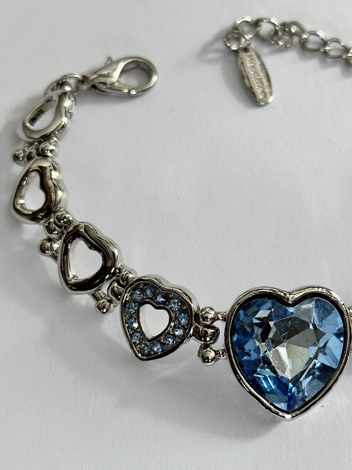 Vintage Silver Tone Blue Diamanté Heart Bracelet