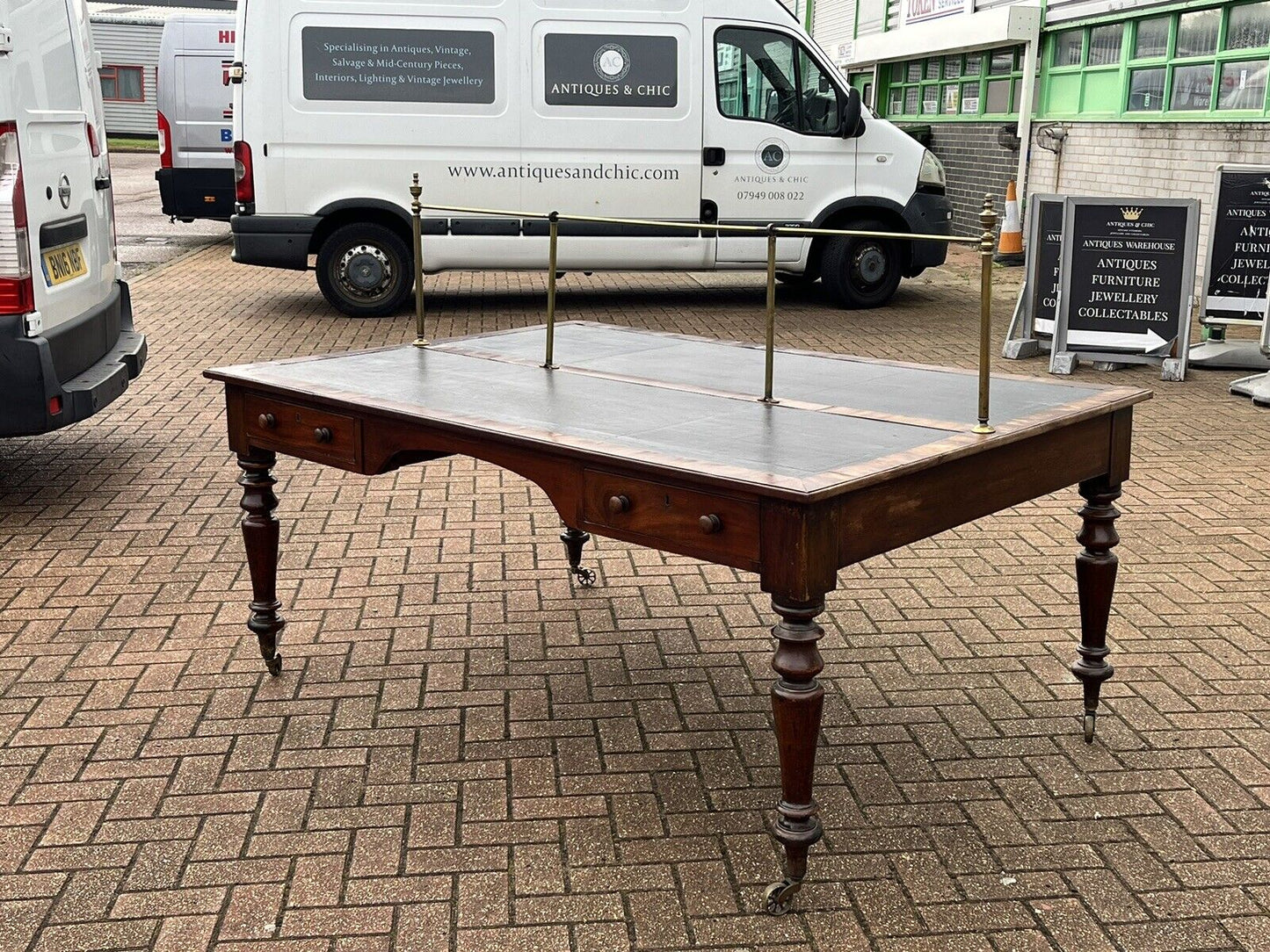 Victorian Mahogany Library Partners Desk. Original Brass Privacy Rail, 4 Drawers