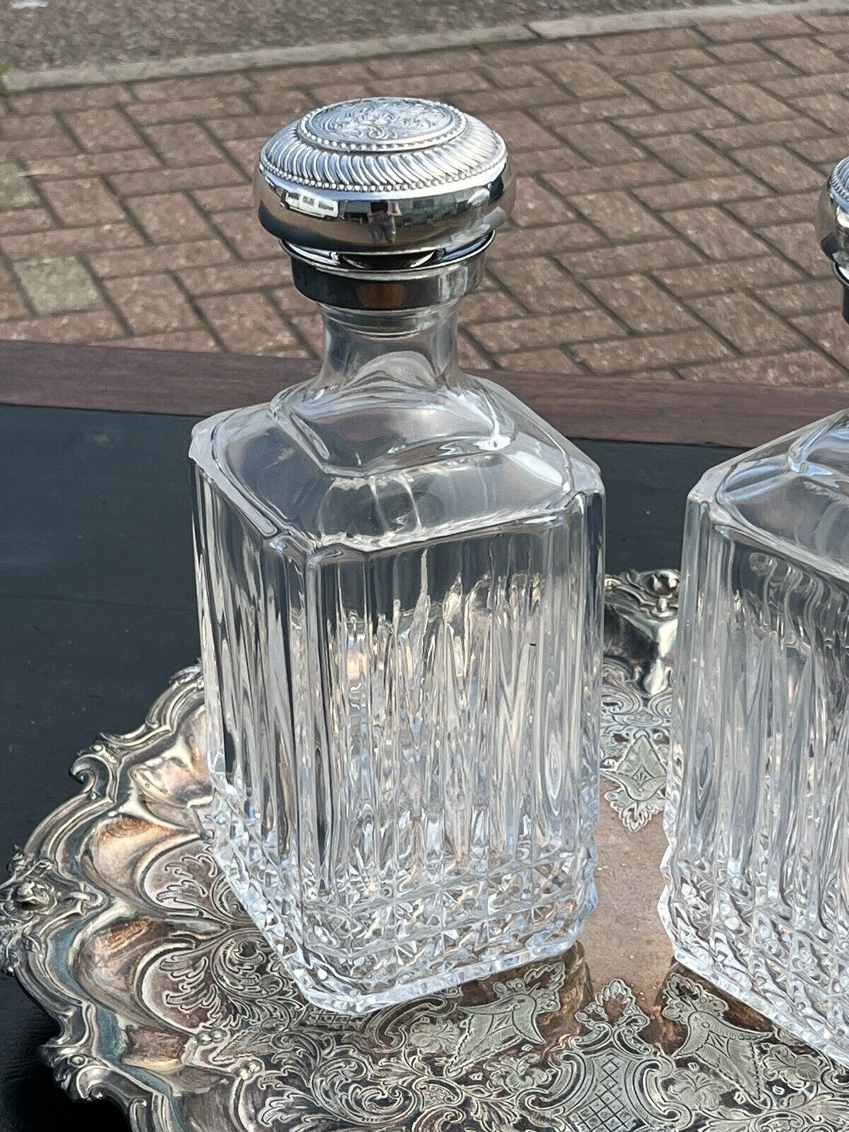 Pair Of Large & Heavy Glass Decanters With Silver Plate Decoration With Tray