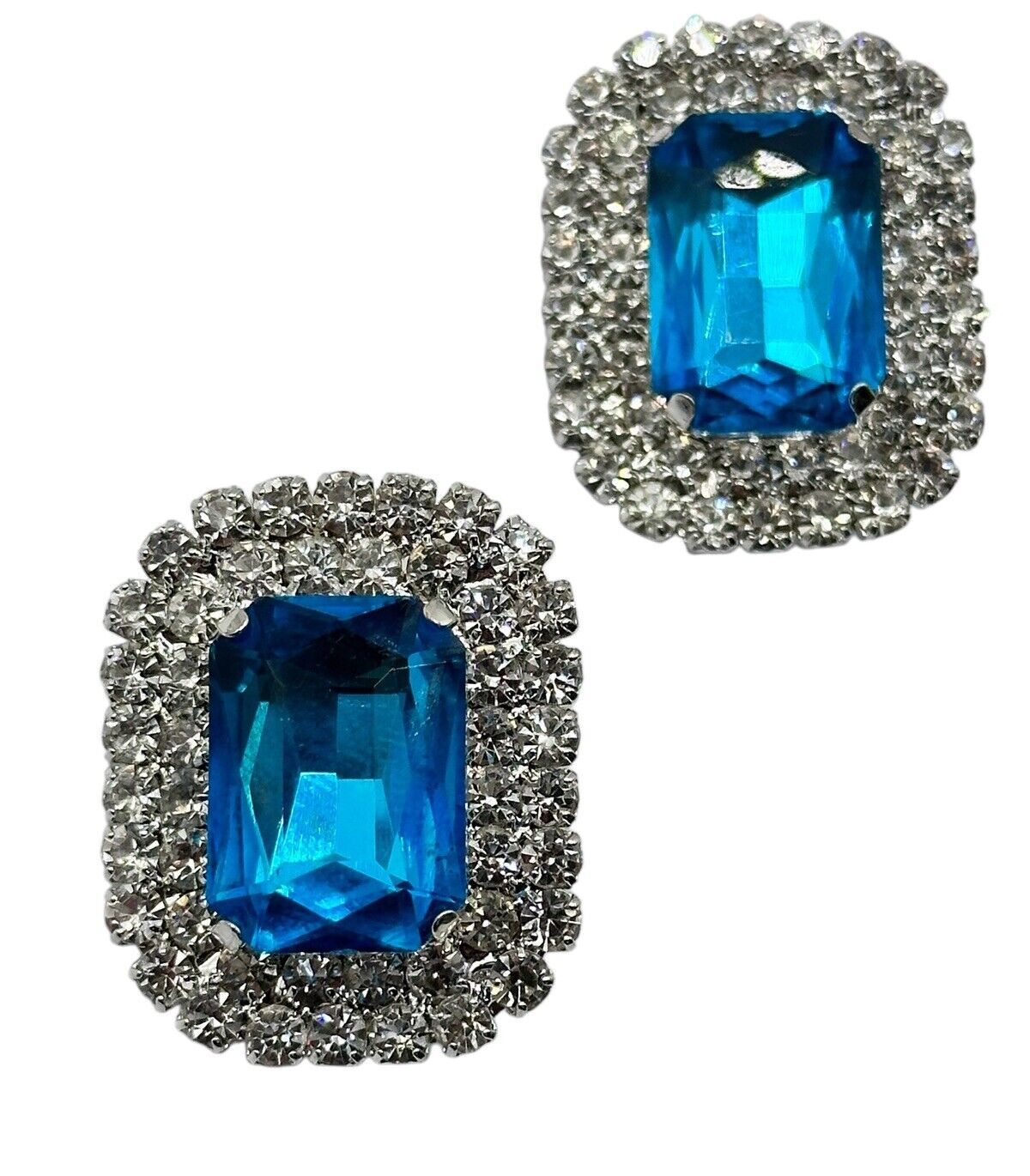 Vintage Silver Tone Blue Diamanté Statement Clip On Earrings