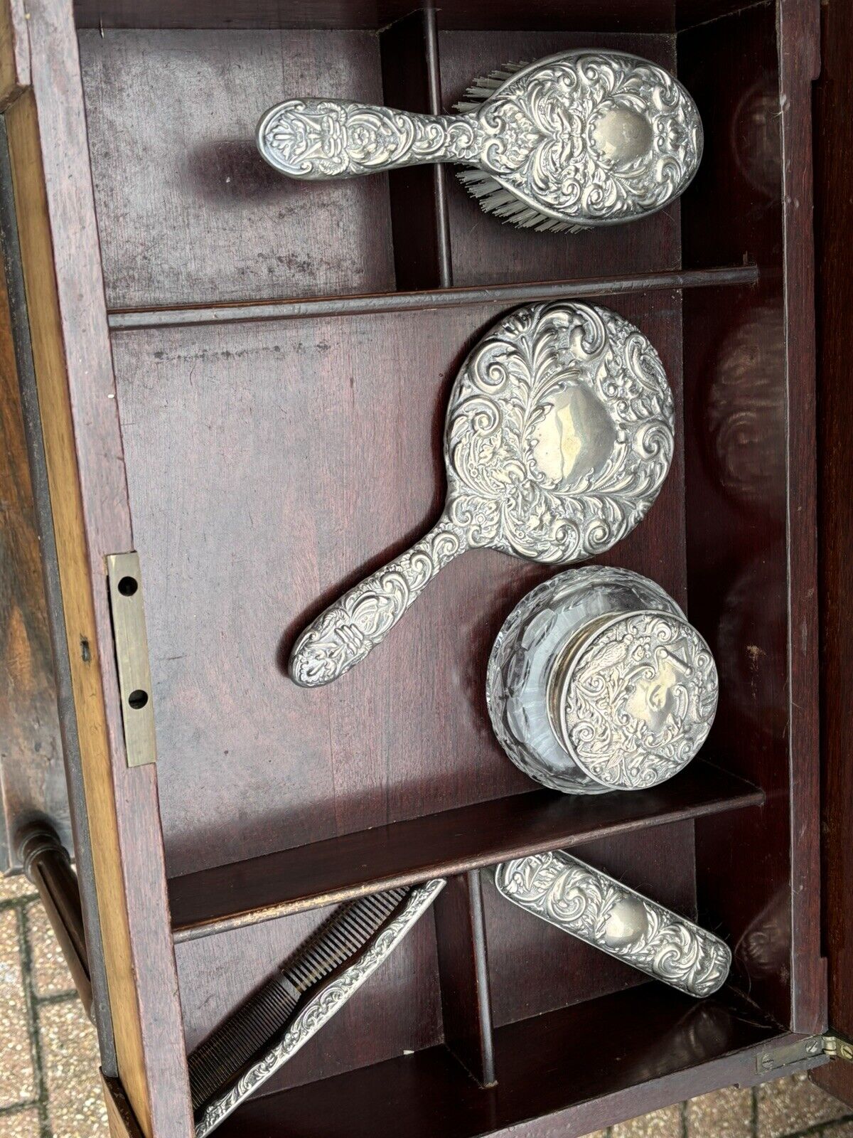 Antique Marquetry Dressing Cabinet With Silver Grooming Set, English Hallmarks