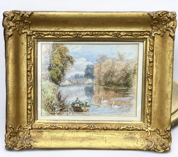 Victorian English School Gilt Framed Watercolour By J W Lewis 1901 “Boating”