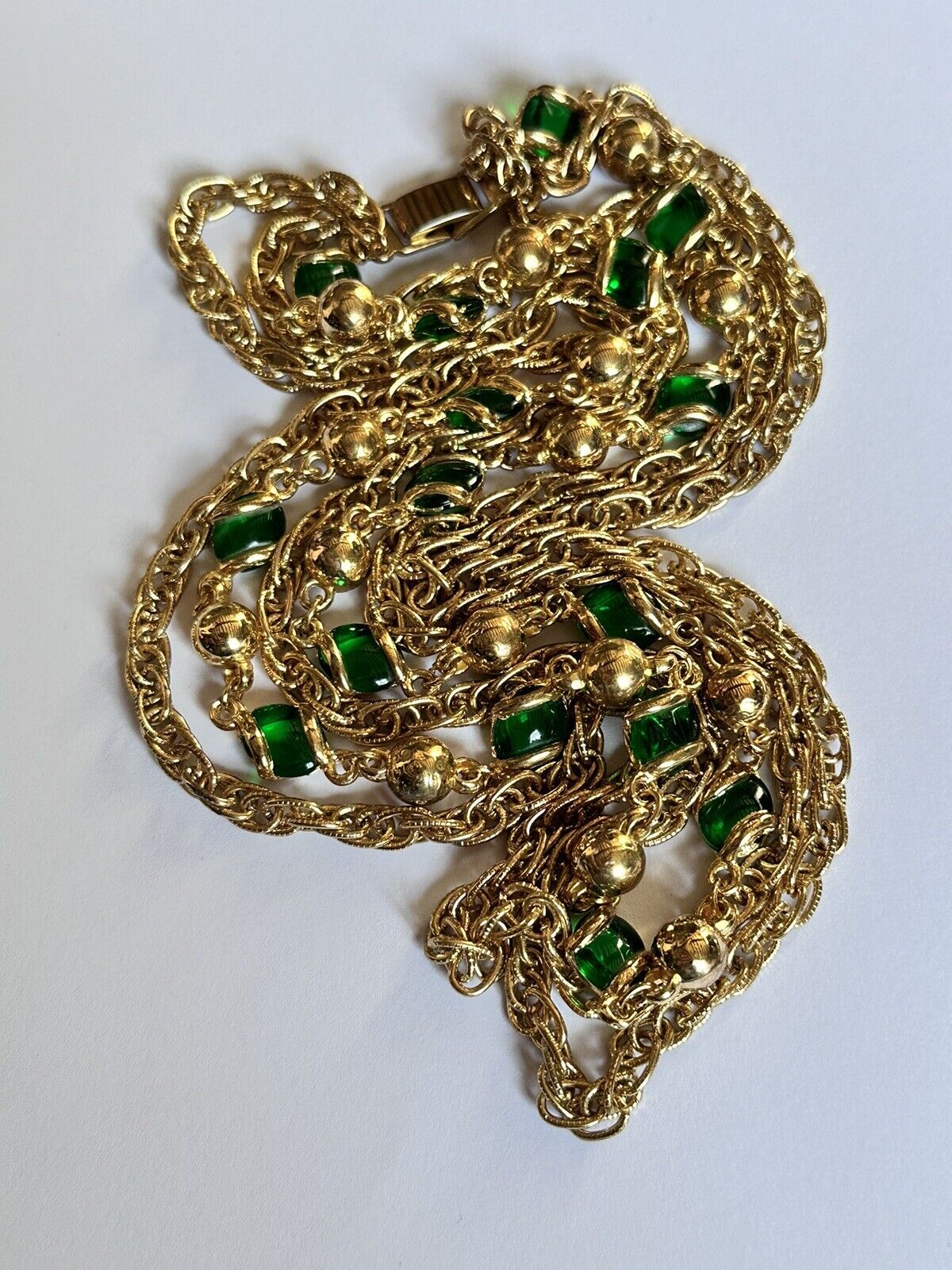 Vintage Gold Plated Triple Strand Green Glass Substantial Necklace