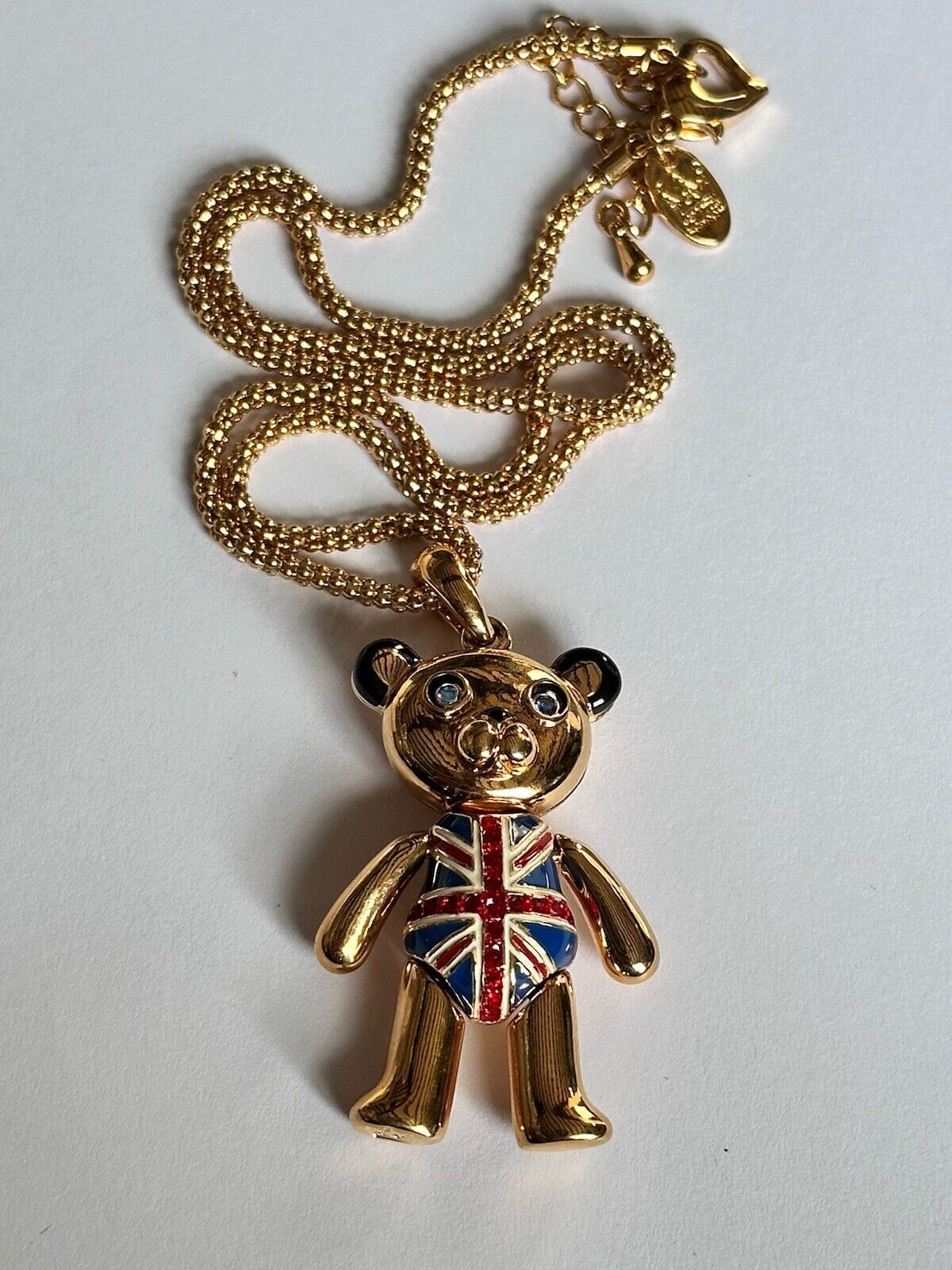 Vintage 1980s Gold Plated Moving Parts British Flag Teddy Pendant Necklace