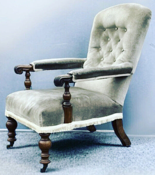 Victorian Library Armchair With Mahogany Frame, on Brass Castors.