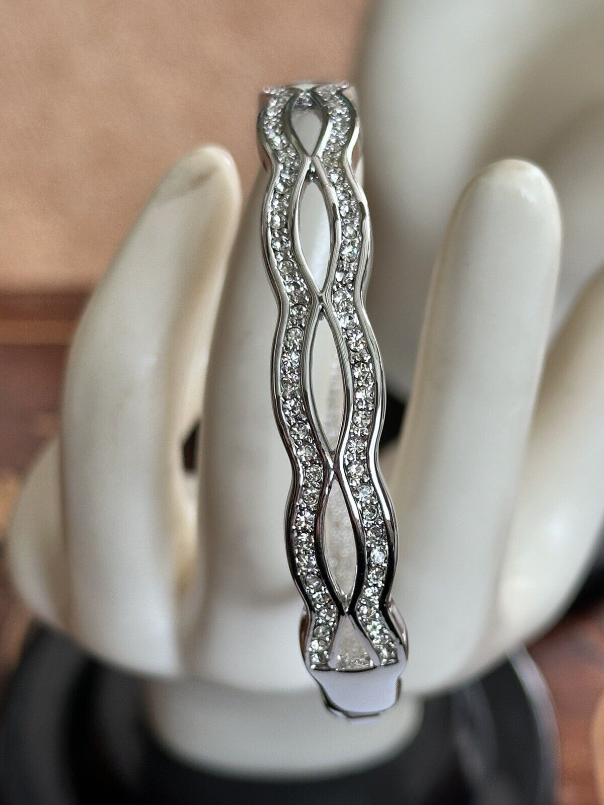 Vintage 1980s Rhodium Plated Diamanté Wave Bracelet New Old Stock