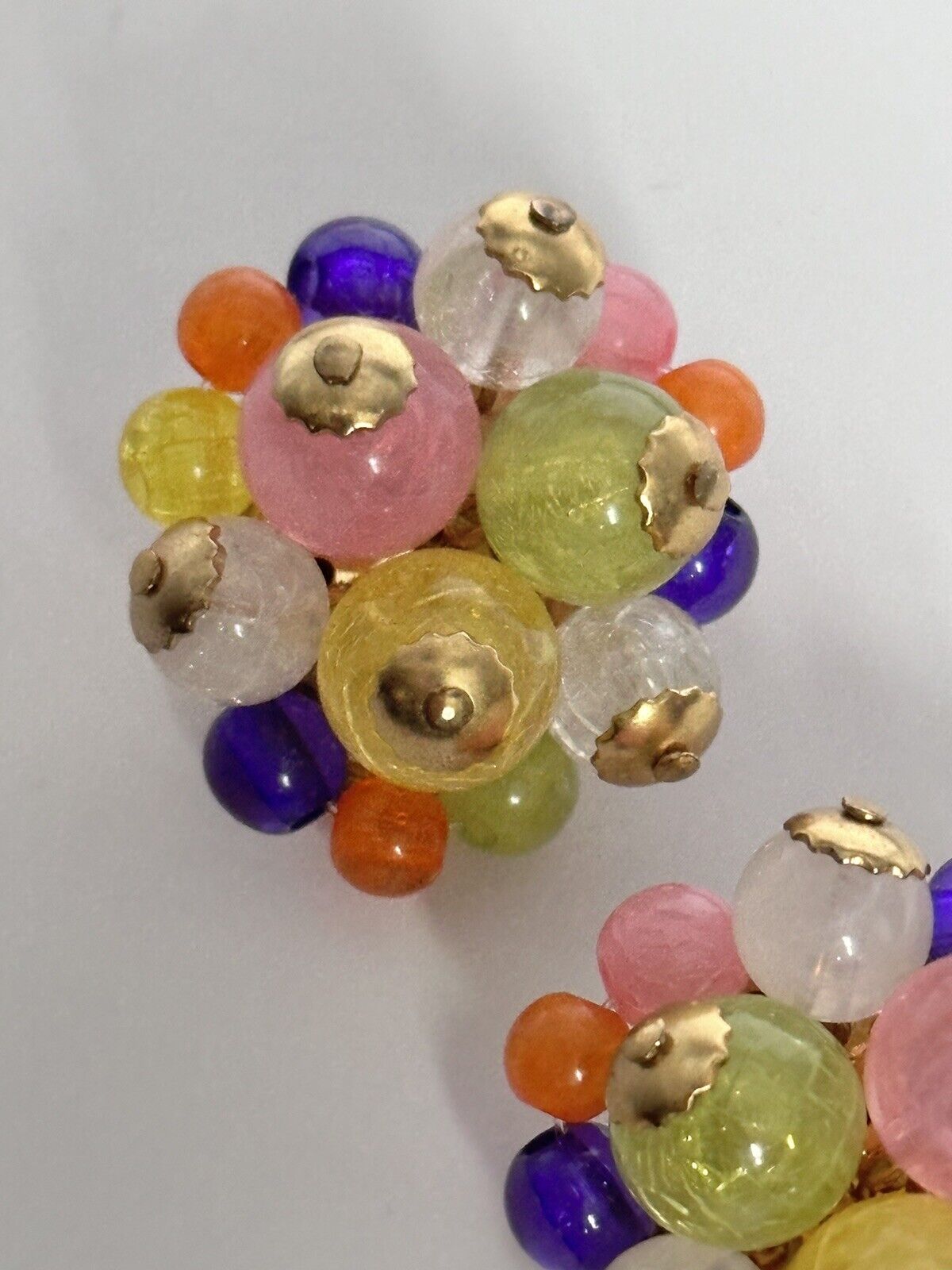 Vintage Gold Tone Multicoloured Acrylic Cluster Clip On Earrings