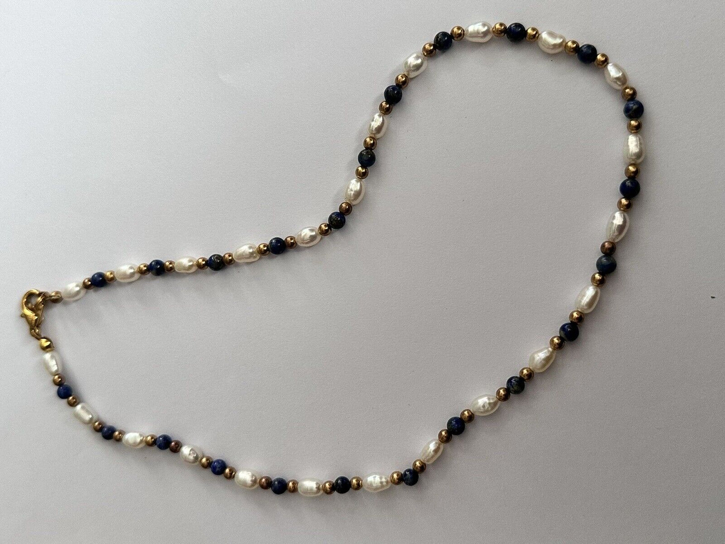 Vintage 1980s Gold Plated Pearl Lapis Lazuli Beaded Necklace