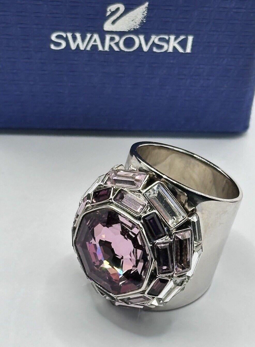 Vintage Swan Signed Swarovski Purple Stone Statement Ring Boxed