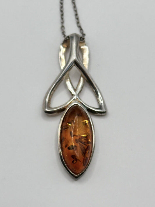 Vintage Sterling Silver 925 Amber Celtic Pendant Necklace