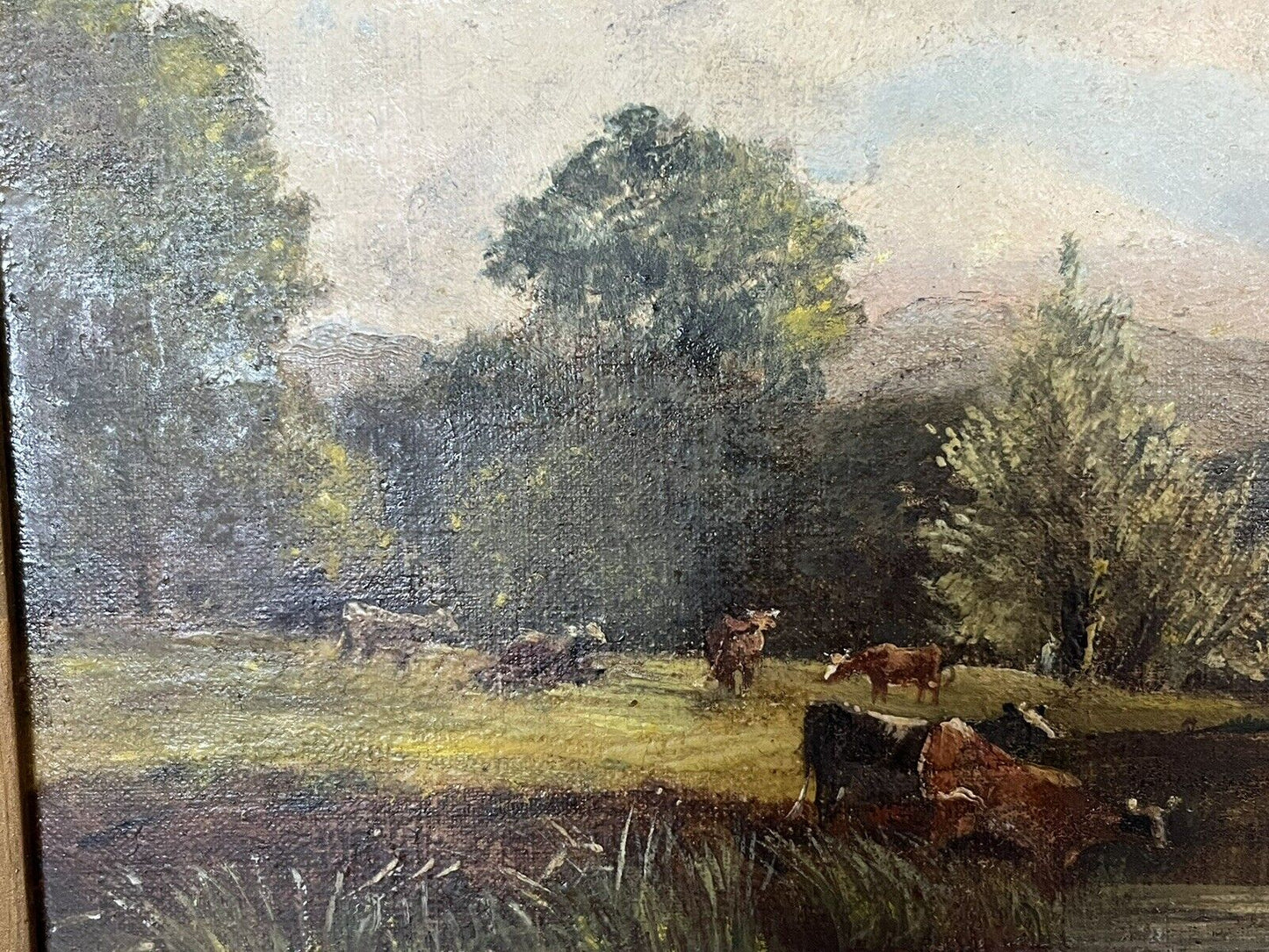 Antique oil Painting. Oil on board in gilt frame. Cattle Scene