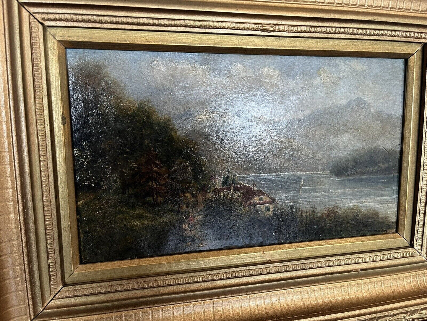 Antique Painting. Coastal Scene,  oil on board in gilt frame.