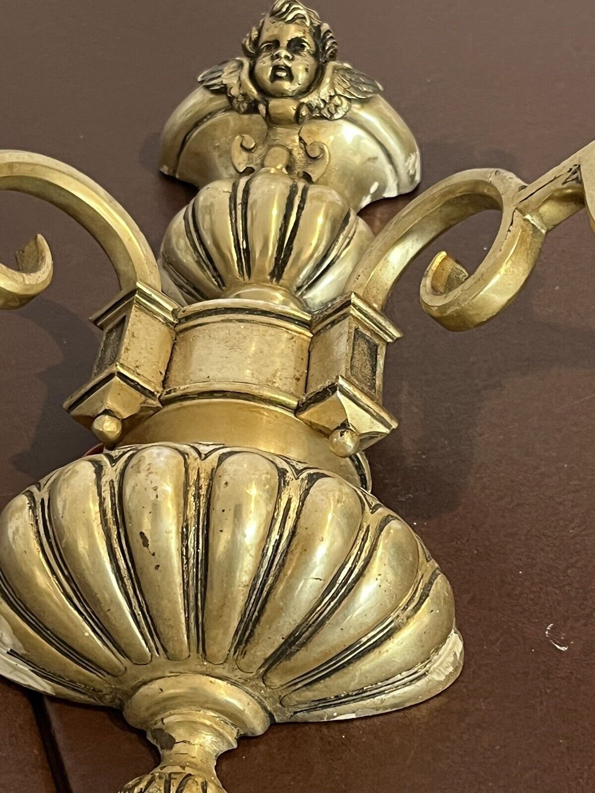 Pair Of Brass Cherub Wall Light Sconces.