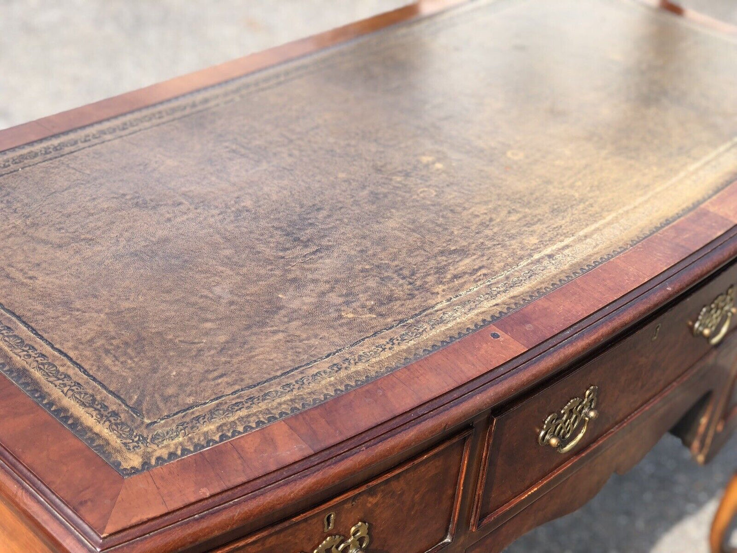 1930’s Walnut Desk, Leather Top, Brass Handles.