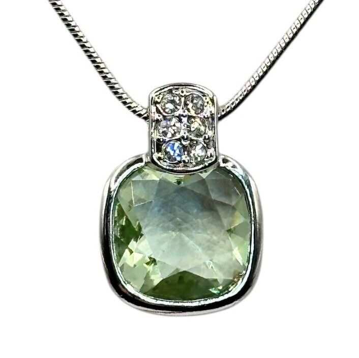 Statement Rhodium Plated Necklace Made With Green Clear Swarovski Crystals