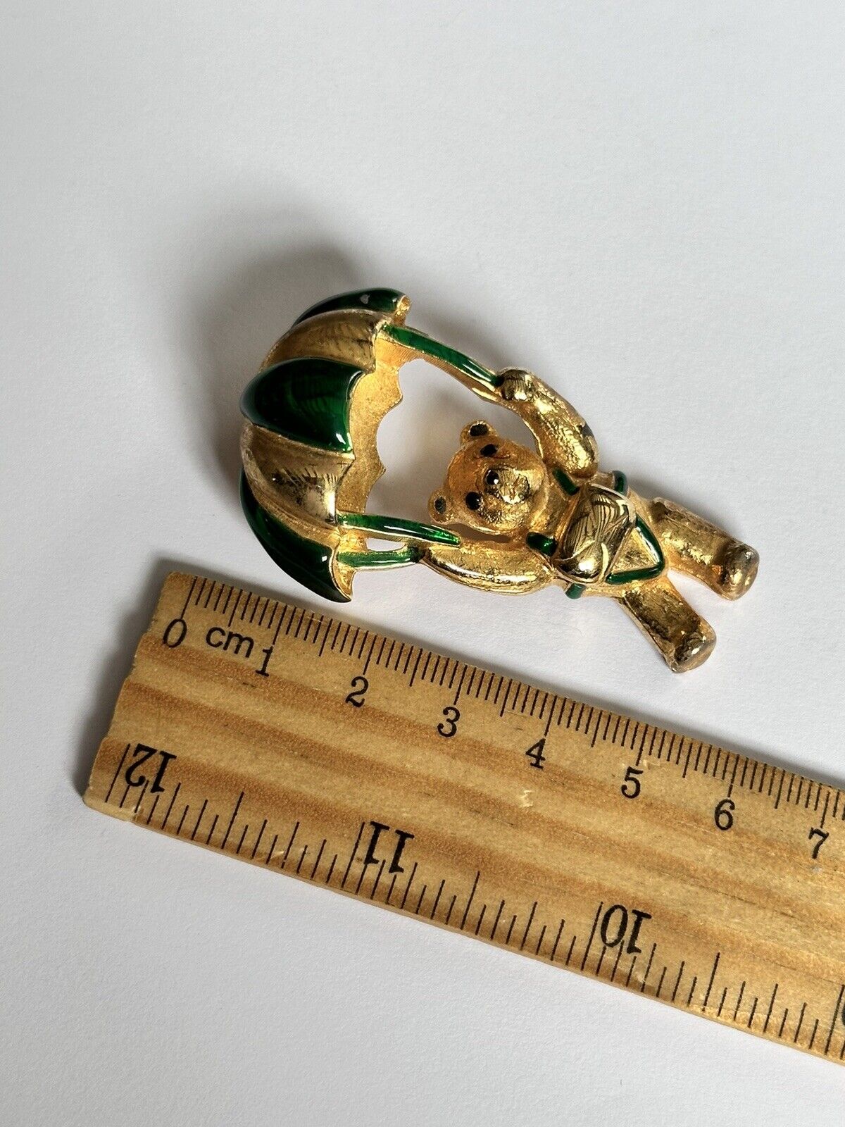 Vintage Gold Plated Green Enamel Teddy Bear Brooch