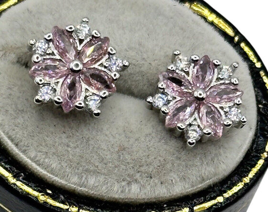 Vintage Silver 925 Pink Clear Cubic Zirconia Flower Earrings