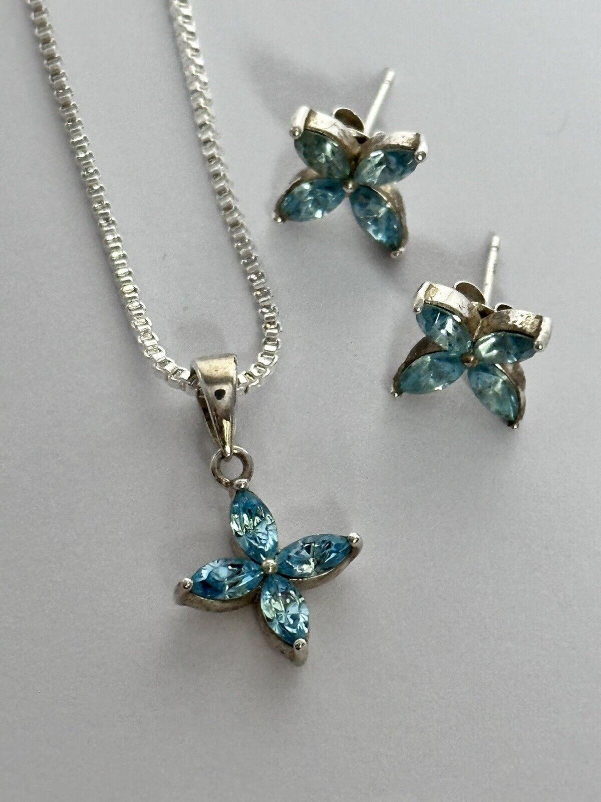 Vintage Sterling Silver 925 Blue Topaz Flowers Earrings And Necklace Set