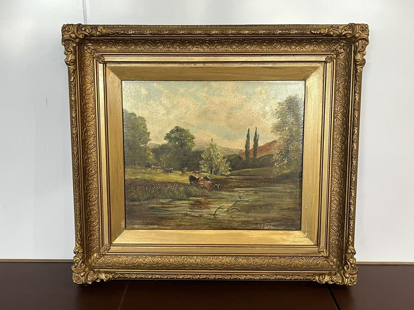 Antique oil Painting. Oil on board in gilt frame. Cattle Scene