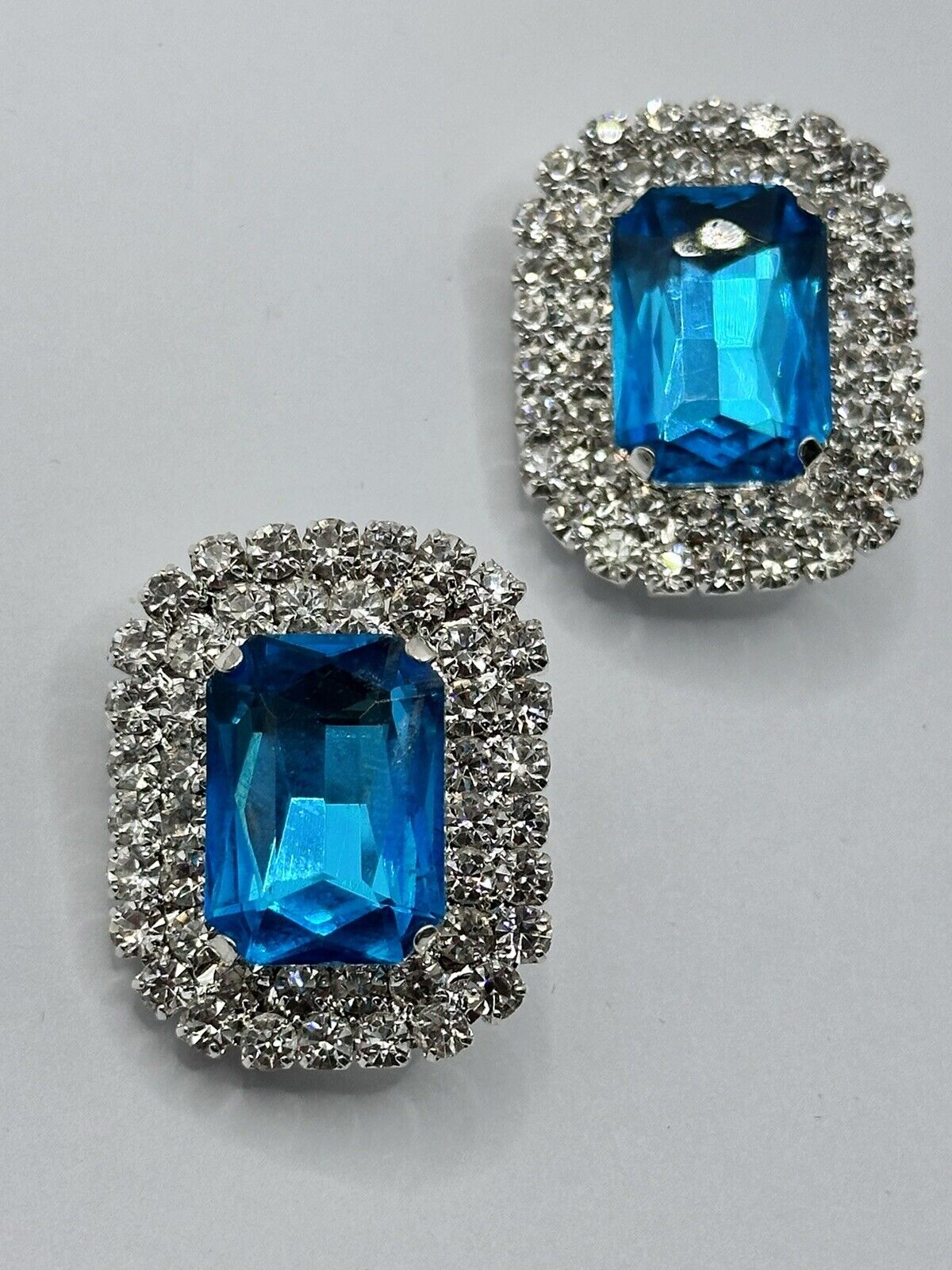 Vintage Silver Tone Blue Diamanté Statement Clip On Earrings