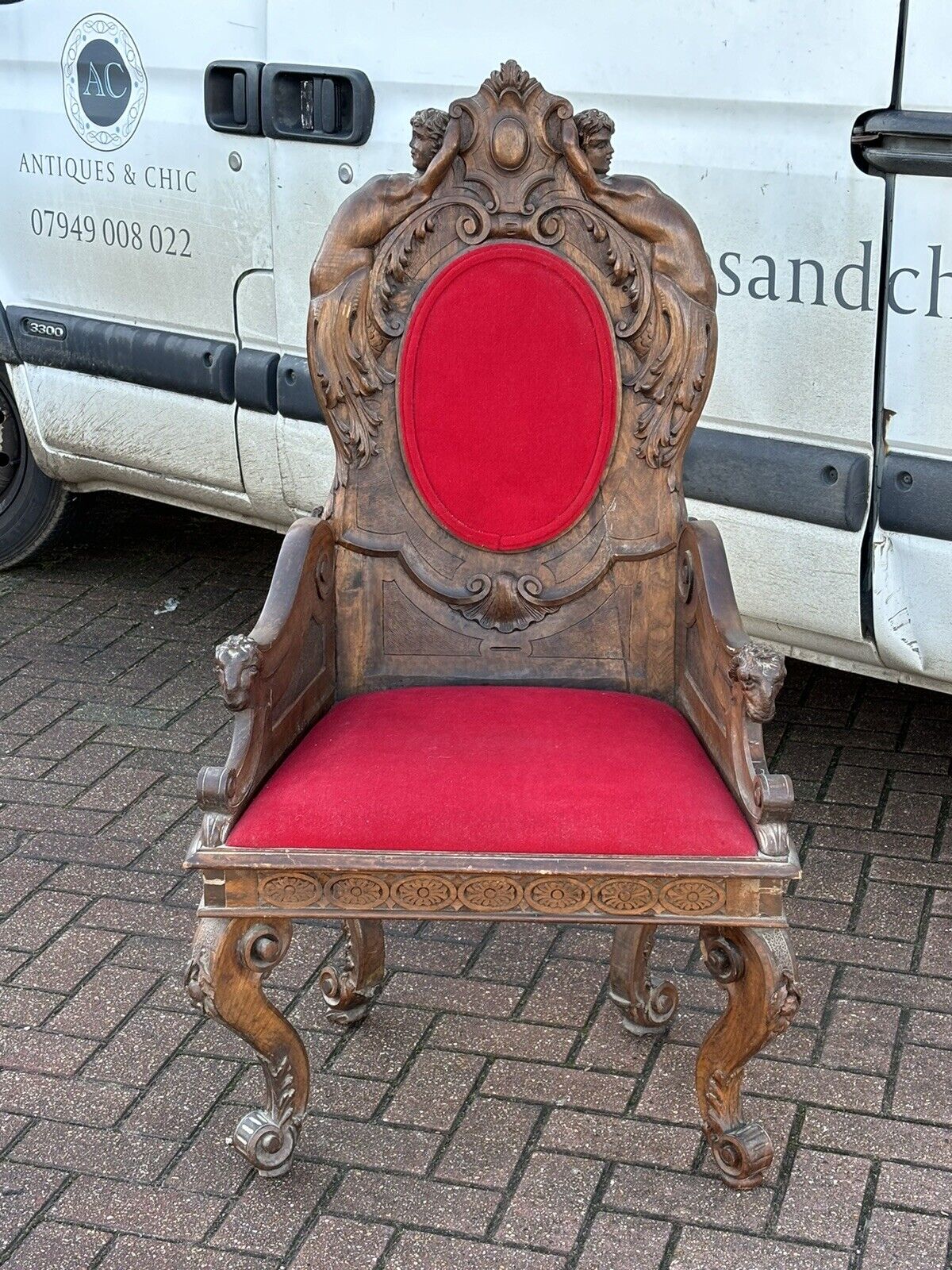 Antique Walnut Country House Library Armchair. Carved Mythical Figures.