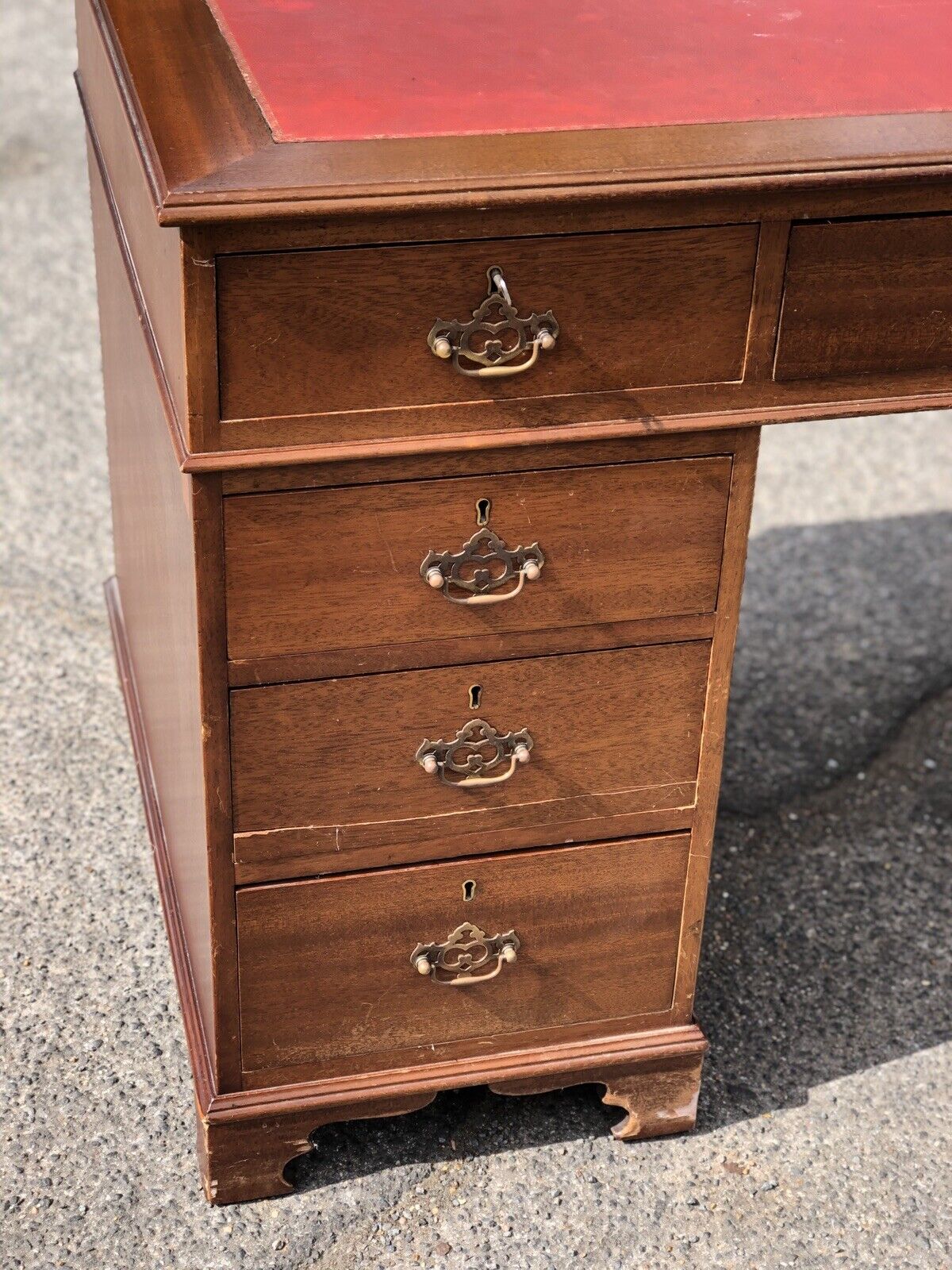 Pedestal Desk With Red Leather Top. Brass Handles.