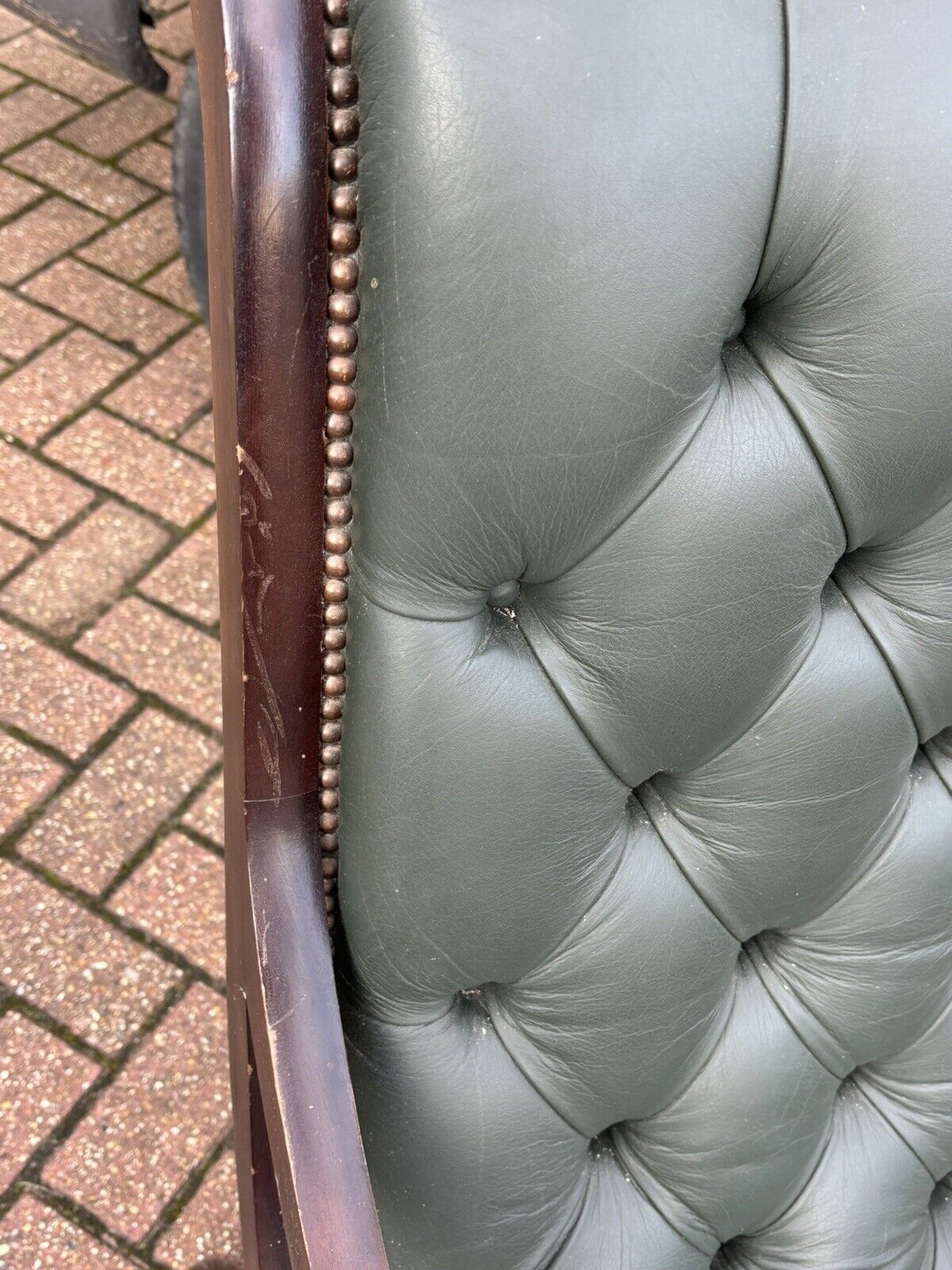 Pair Of Green Leather Buttoned Back Armchairs. Slipper Chairs/ Reading Chairs