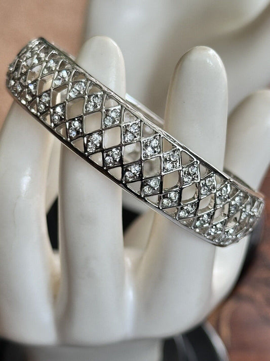 Vintage 1980s Rhodium Plated Diamanté Hinged Cuff Bracelet New Old Stock