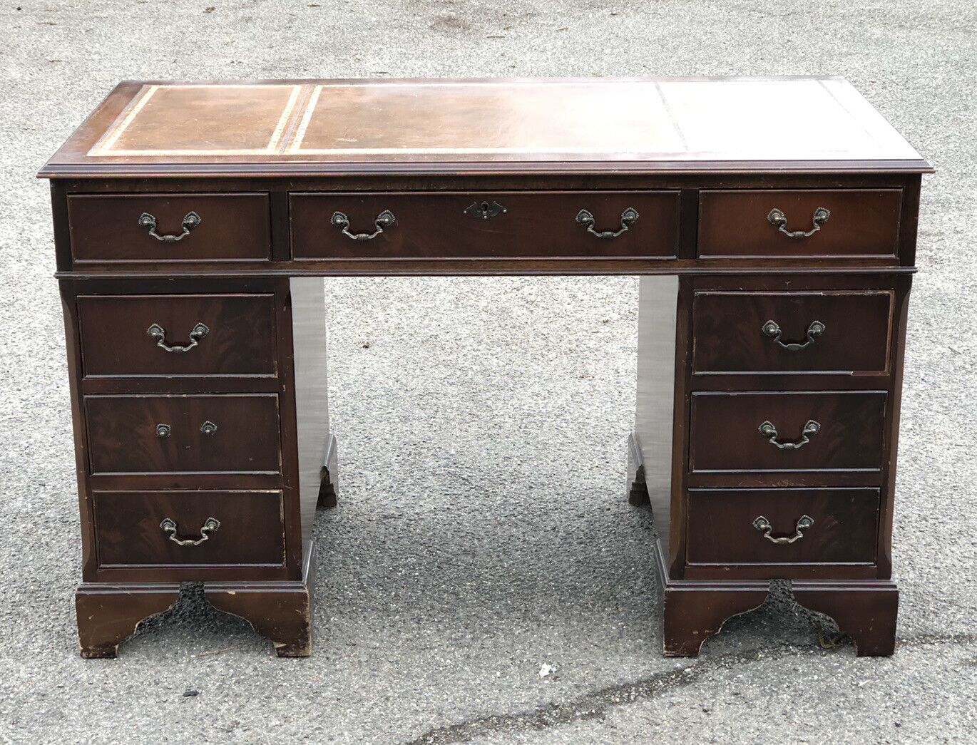 Pedestal Desk With Tan Leather Top.