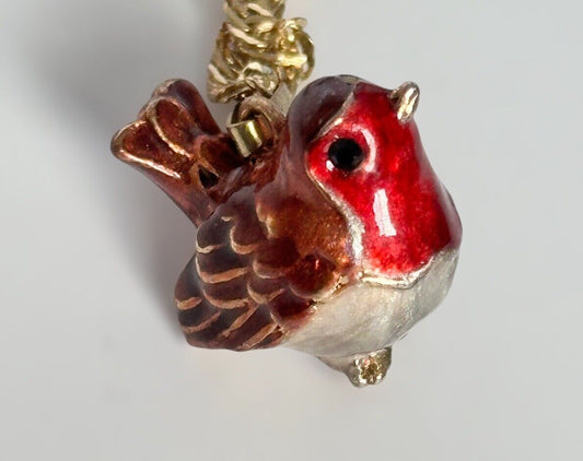 Viintage Gold Plated Enamel Robin Bird Pendant Necklace