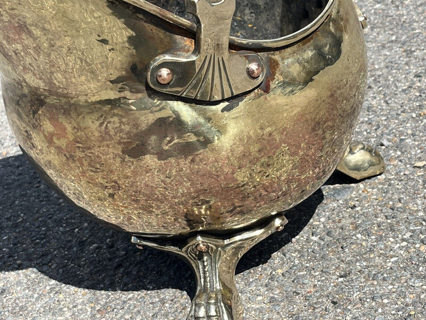 Brass & Copper Helmet Coal Bucket / Scuttle on Lions Paw Feet.