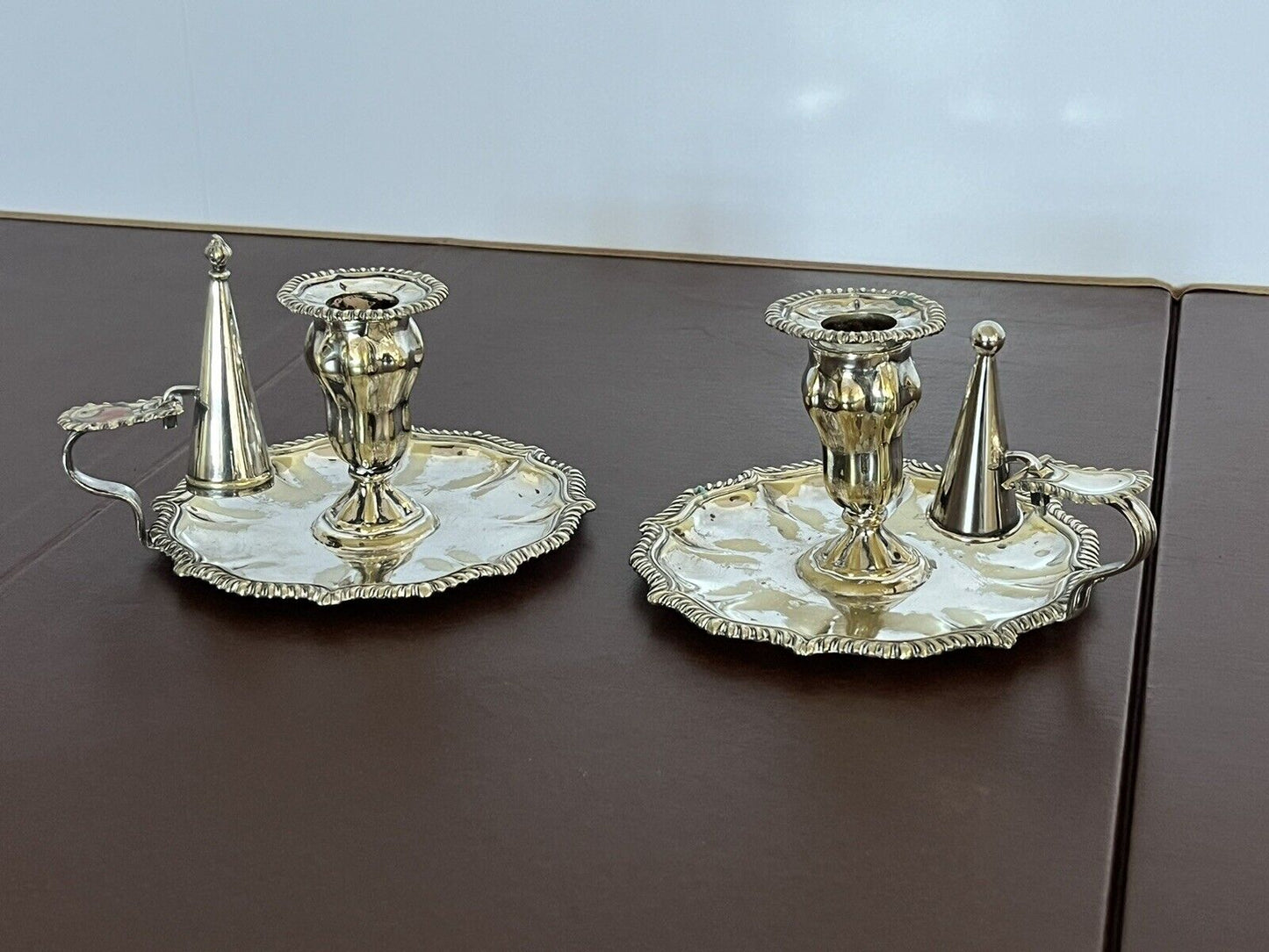 Pair Of Antique Silver Plate Candlesticks With Snuffers.