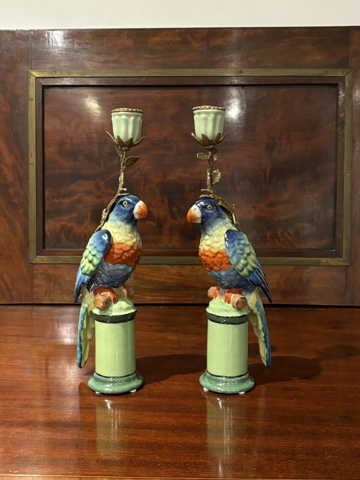 Parrot Candlesticks, Porcelain & Ormolu.