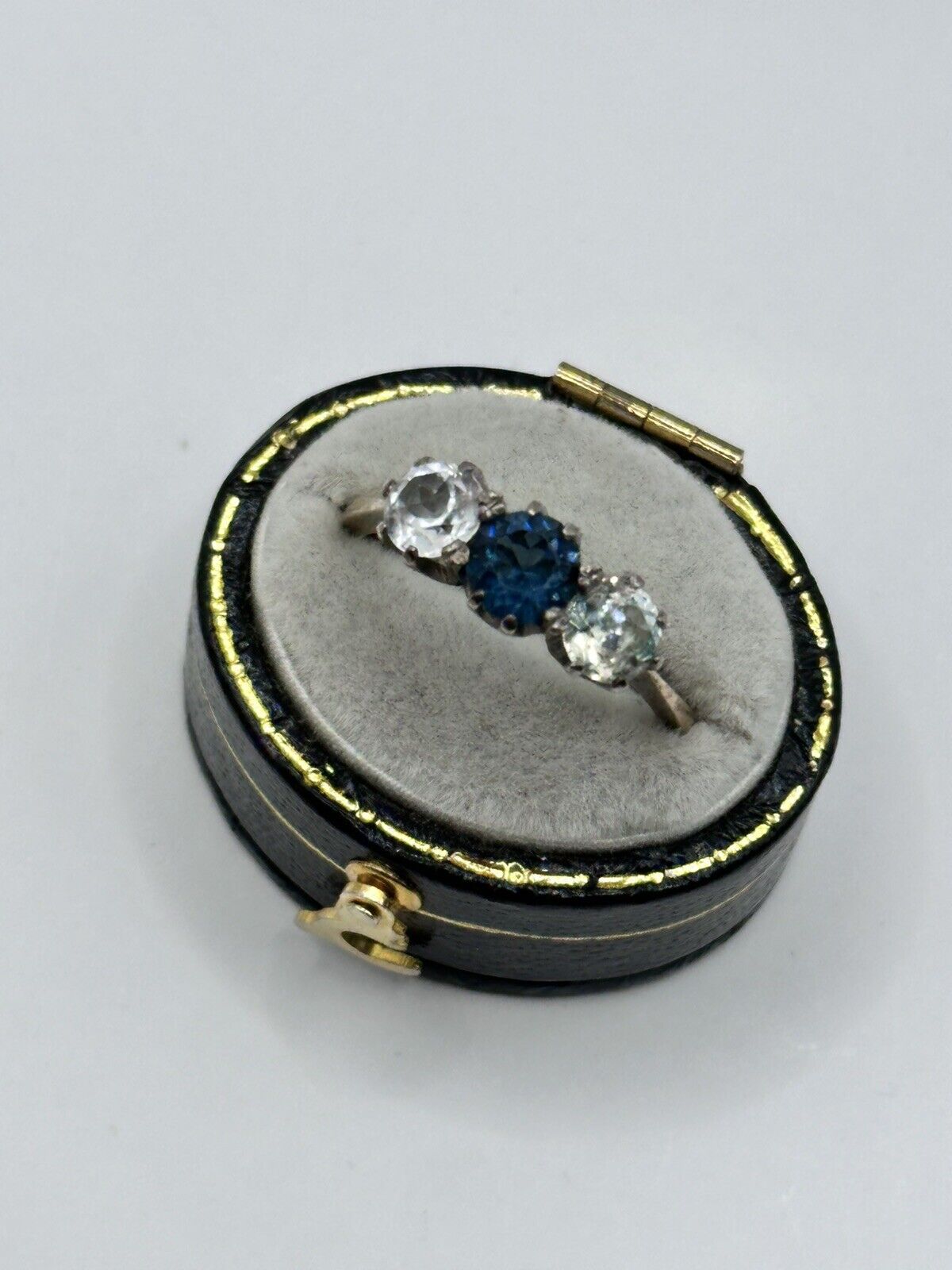 Vintage 9ct Gold And Silver Blue Clear Paste Trio Ring