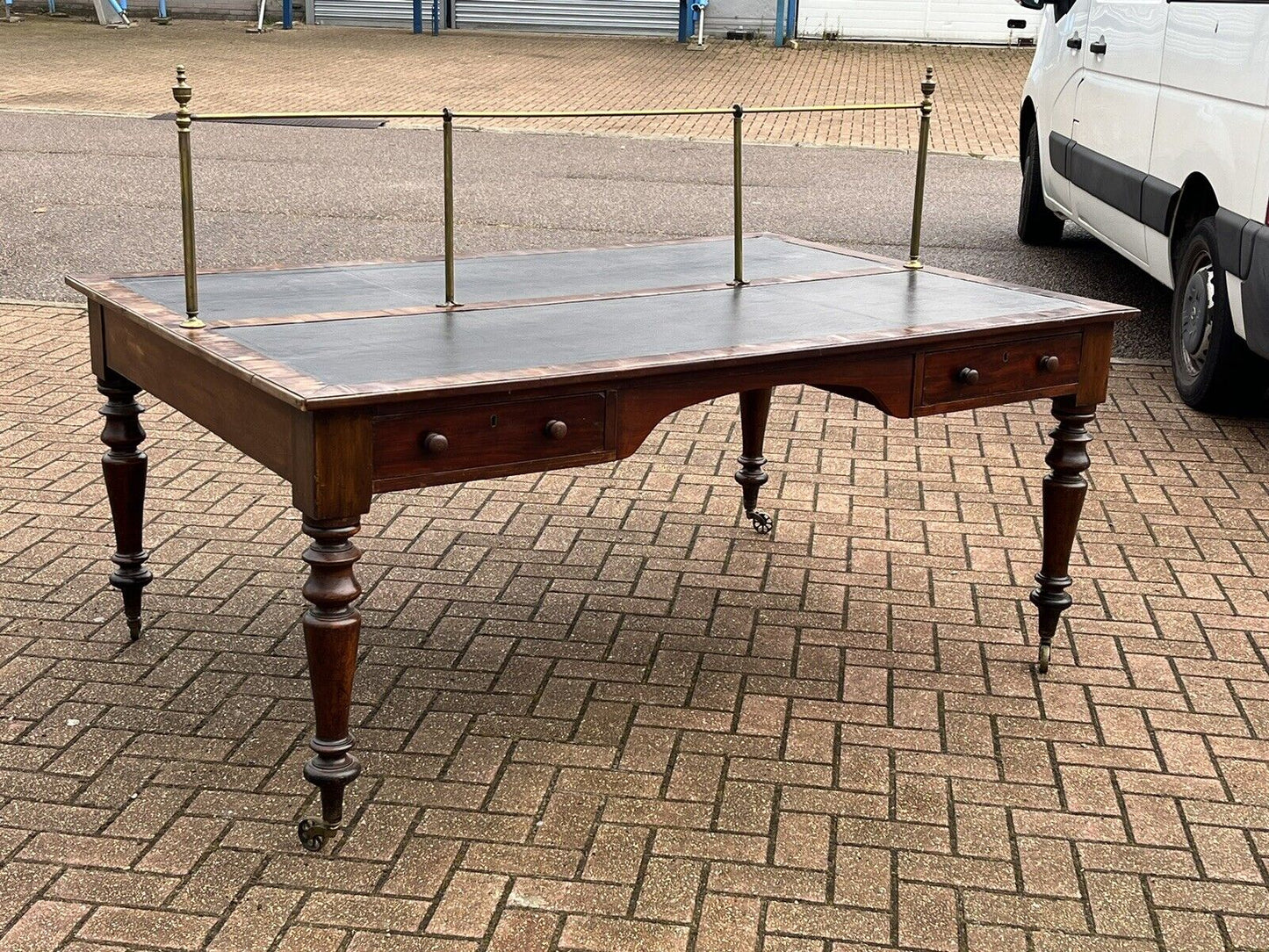 Victorian Mahogany Library Partners Desk. Original Brass Privacy Rail, 4 Drawers