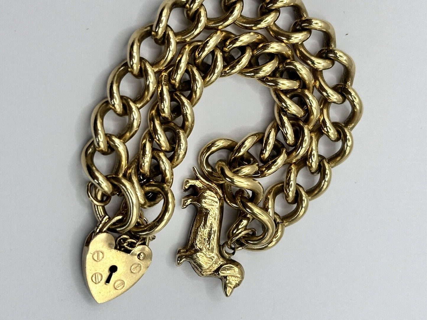 Vintage 9ct Gold Heart Padlock Bracelet With Sausage Dog Charm 28.51g