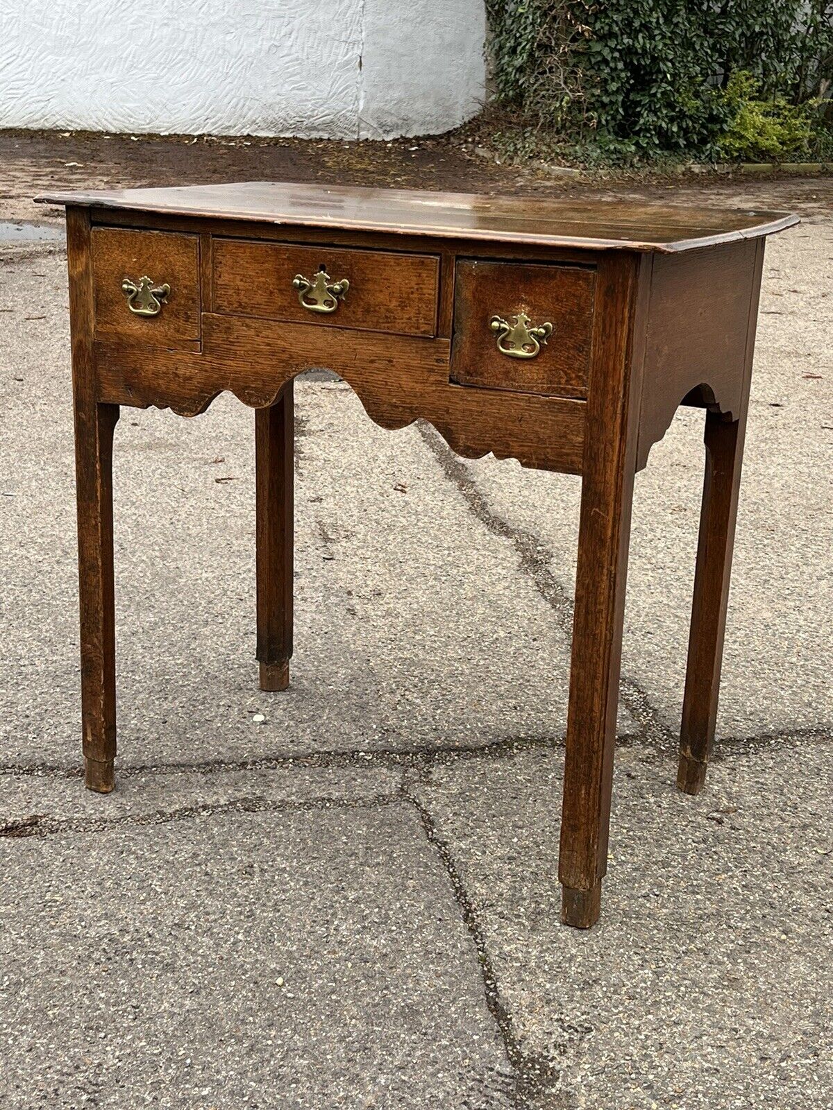 Early Georgian Oak Lowboy With Brass Handles. Make Great Hall Or Console Table