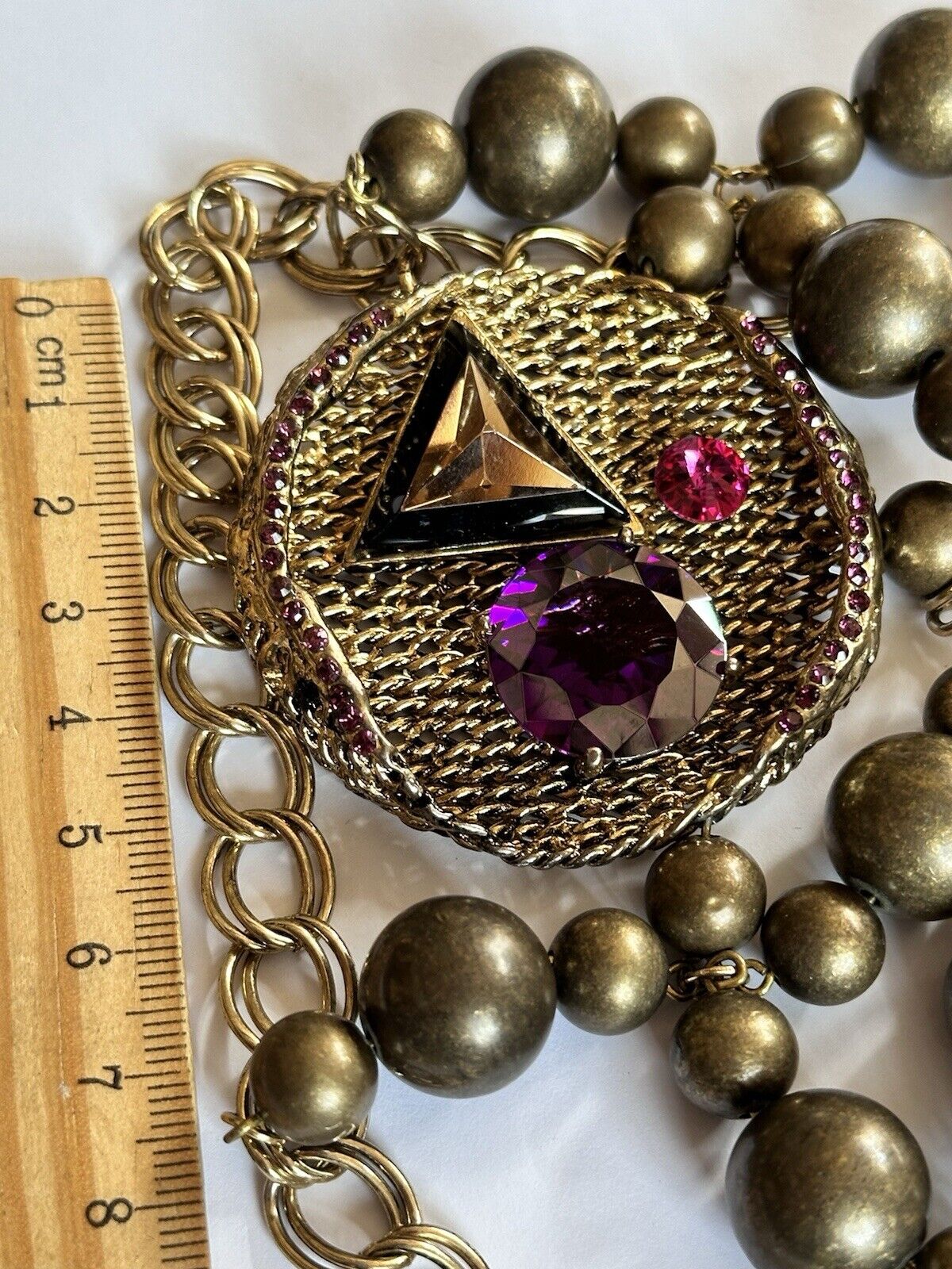 Vintage Runway Statement Beaded Diamanté Gold Purple Pink Necklace