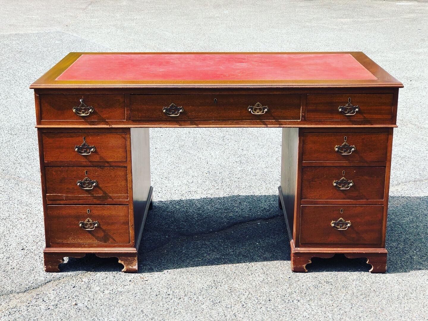 Pedestal Desk With Red Leather Top. Brass Handles.