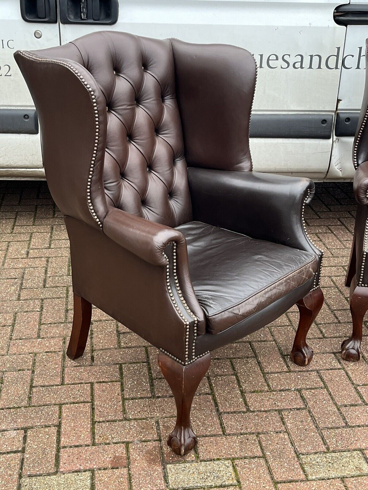 Pair Of Brown Leather Armchairs. Good Quality, Buttoned Backs.