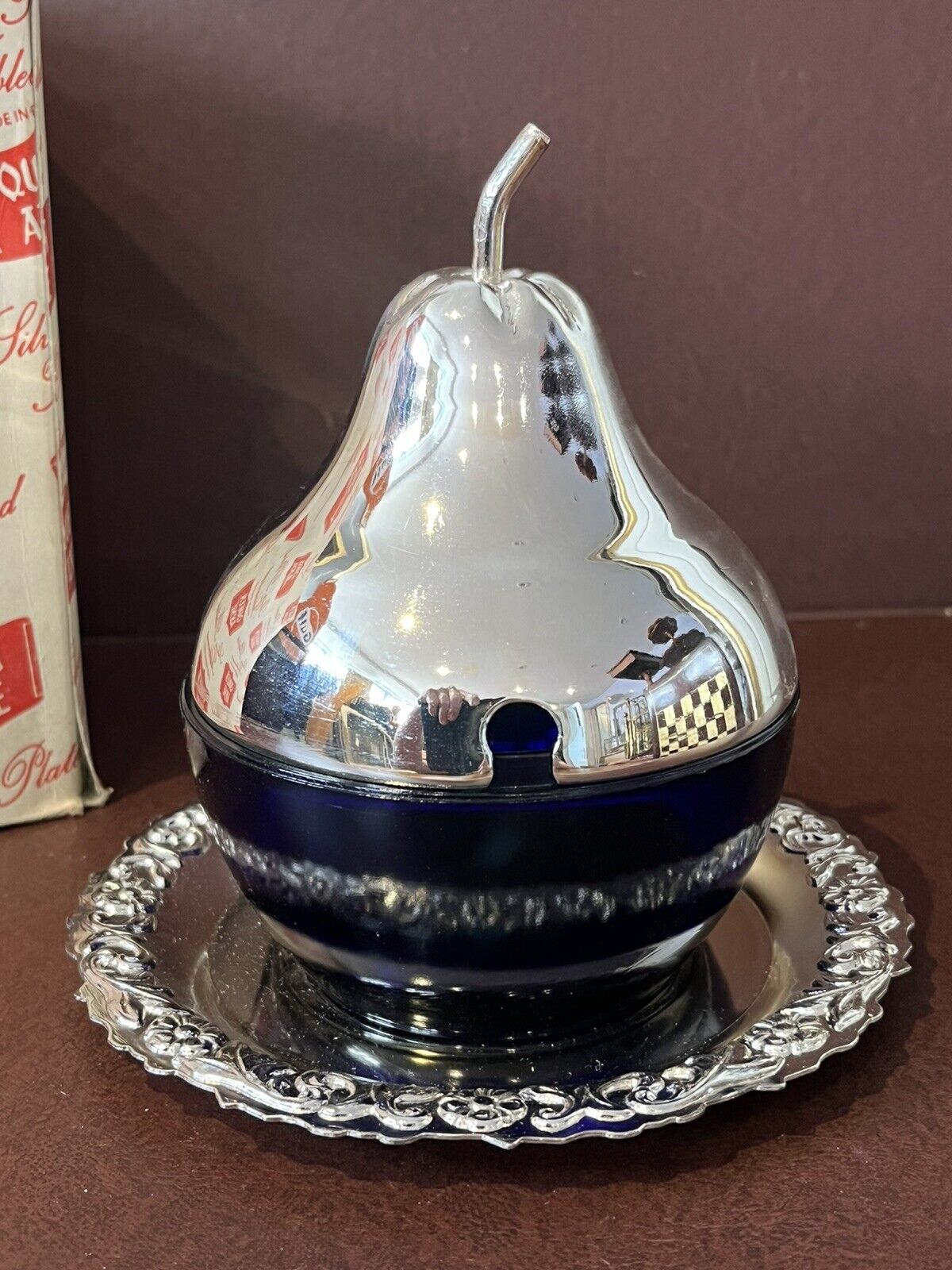 Silver Plate Honey Pot In The Shape Of A Pear, 1950's With Original Box