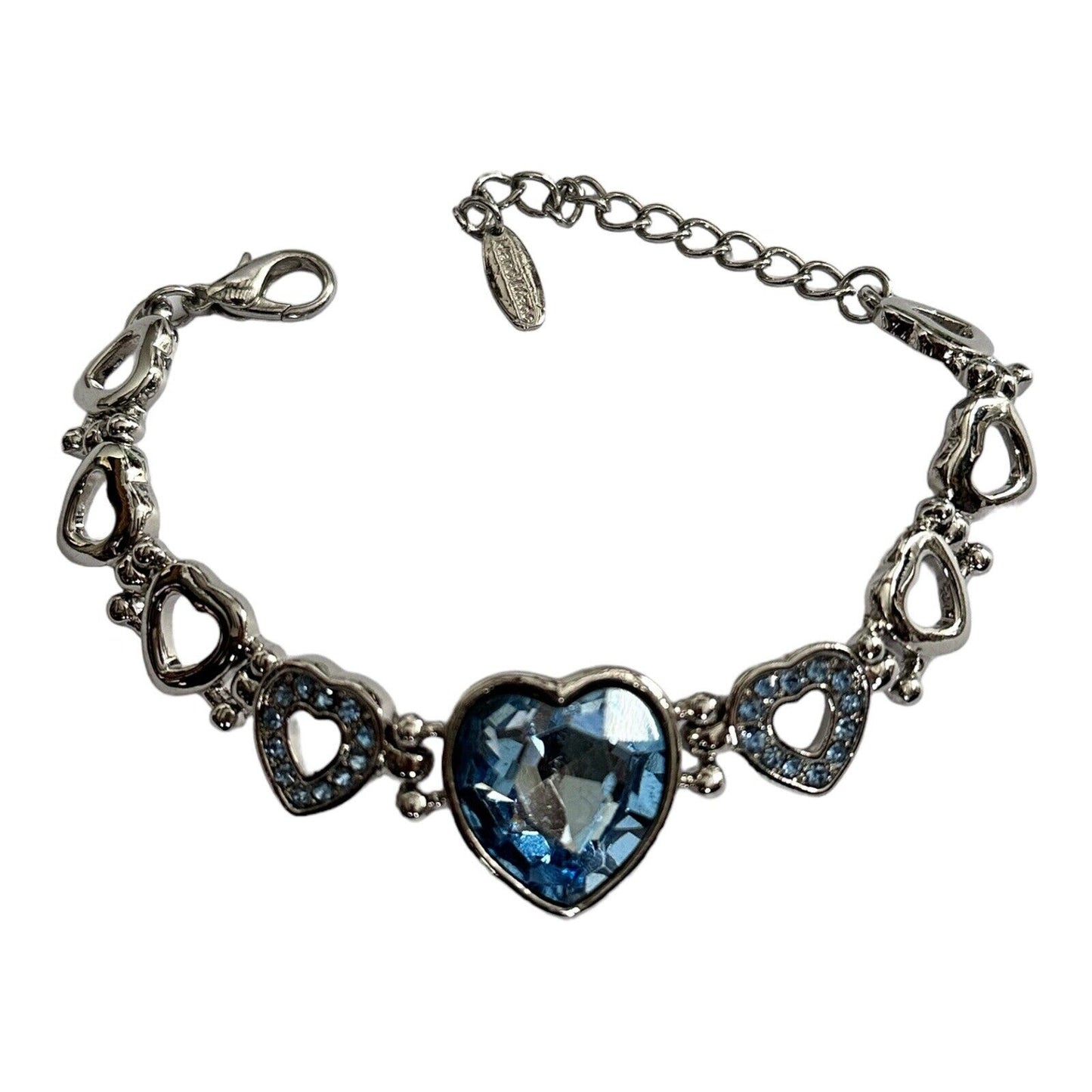 Vintage Silver Tone Blue Diamanté Heart Bracelet