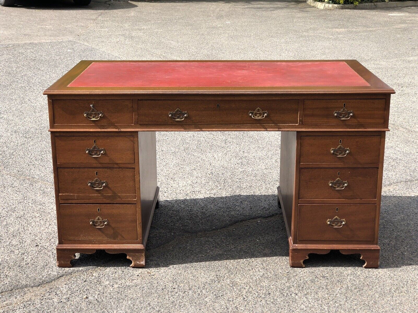 Pedestal Desk With Red Leather Top. Brass Handles.