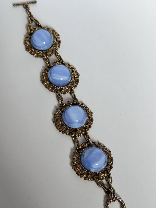 Vintage Blue Silk Glass Gold Tone Bracelet