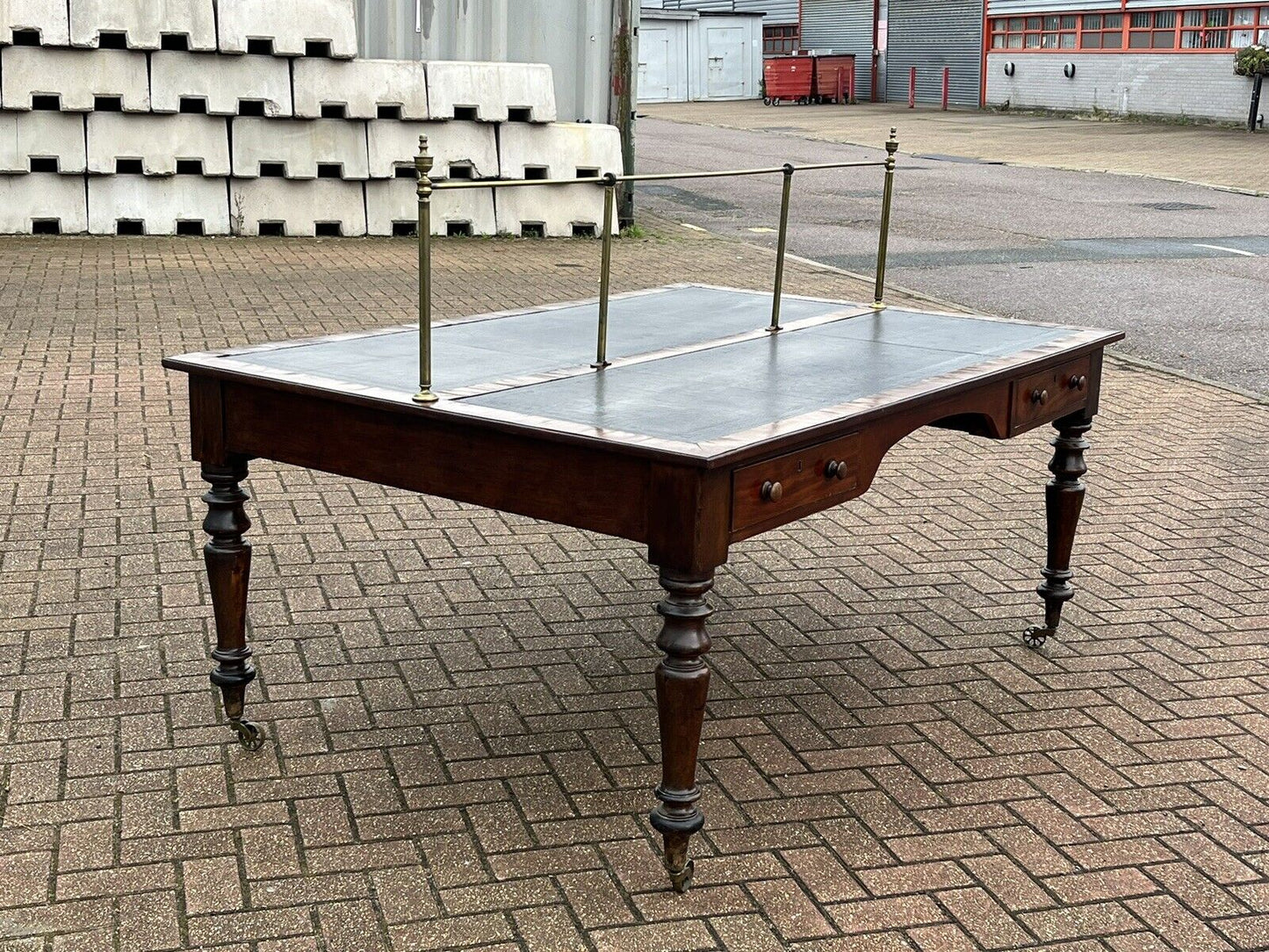 Victorian Mahogany Library Partners Desk. Original Brass Privacy Rail, 4 Drawers