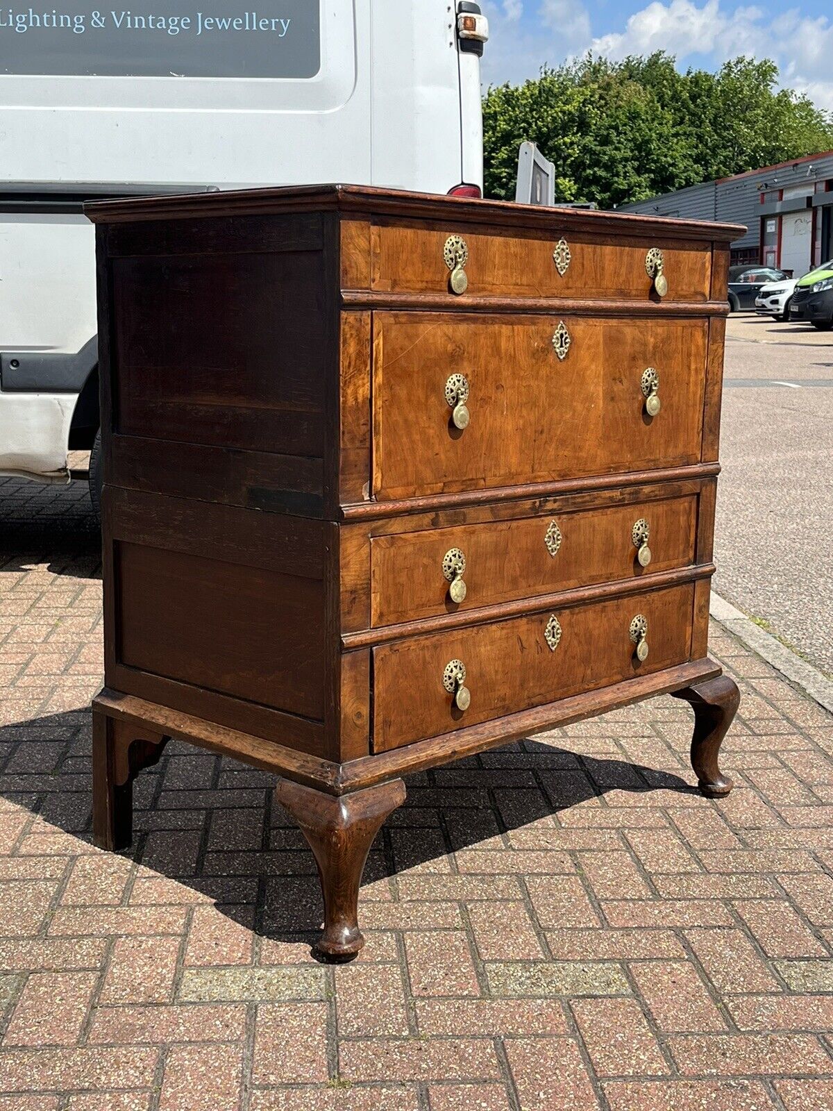 George II Provincial Walnut Chest Of Drawers. Brass Handles. Splits In 2 Pieces.